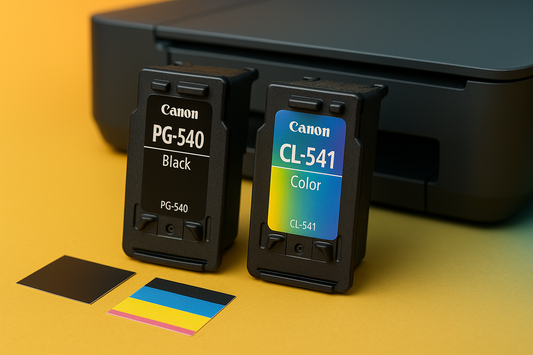 Cartouches d’encre Canon PG-540 noire et CL-541 couleur compatibles posées devant une imprimante Pixma