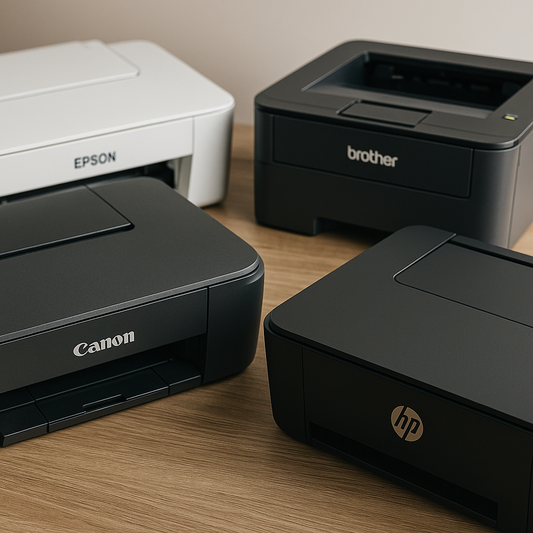 Quatre imprimantes de marques HP, Canon, Epson et Brother posées sur un bureau en bois