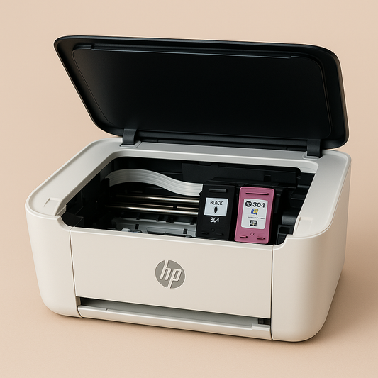 Imprimante HP ouverte avec cartouches d’encre 304 noir et couleur installées